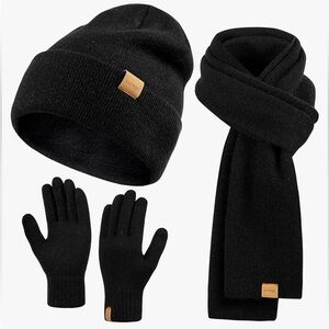 Women’s black beanie, scarf and mittens.